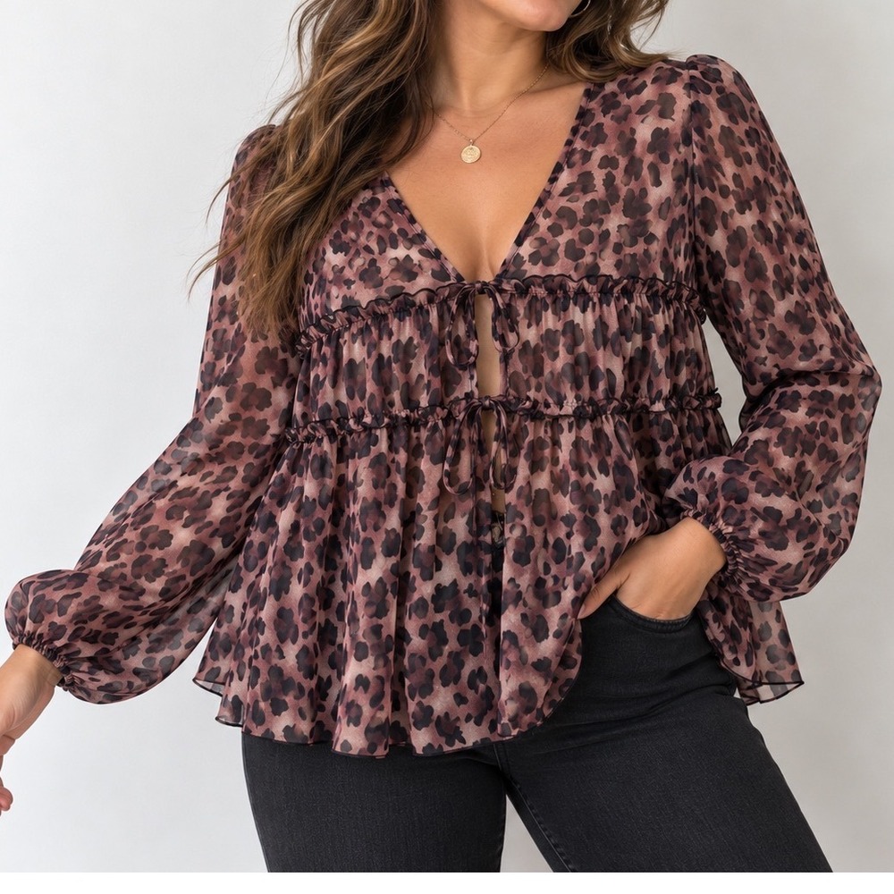 Leopard Print Sheer Babydoll Blouse 3XL Tie Front Puff Sleeve Dark Feminine